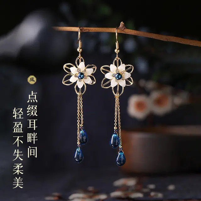 凤凰涅磐 白贝樱花国风小众 民族风 琉璃 玉石耳环 女款