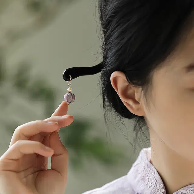 凤凰涅磐 新中式汉服高级感简约现代木簪 琉璃紫花苞 珍珠 黑檀木 镀金件 发簪 女款 礼物 礼盒