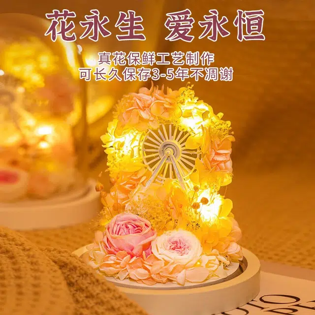 简普森 永生花玻璃罩保鲜玫瑰花 室内摩天轮夜灯 玩具