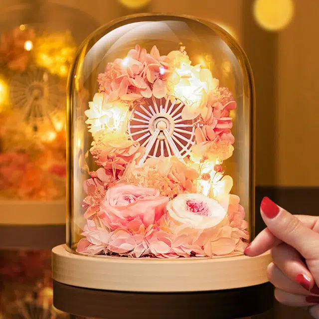 简普森 永生花玻璃罩保鲜玫瑰花 室内摩天轮夜灯 玩具