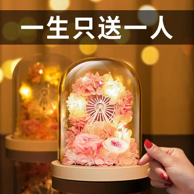 简普森 永生花玻璃罩保鲜玫瑰花 室内摩天轮夜灯 玩具