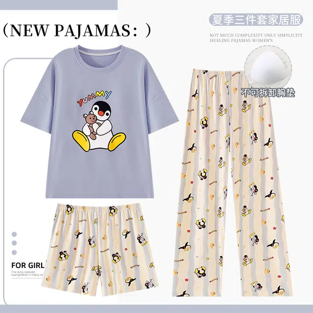 俏霓桐 夏季甜美休闲可爱卡通企鹅高颜值三件套带胸垫家居服可外穿睡衣套装 女款