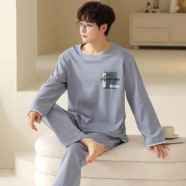 俏霓桐 春秋款时尚简约纯棉亲肤柔软运动休闲百搭舒适长袖长裤家居服可外穿睡衣套装 男款