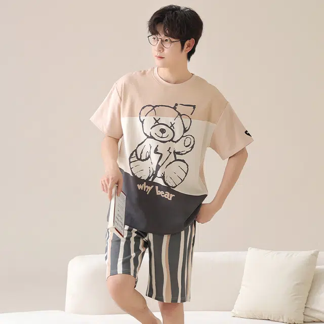 俏霓桐 时尚可爱卡通简约休闲舒适亲肤家居服可外穿睡衣套装 男款 图色