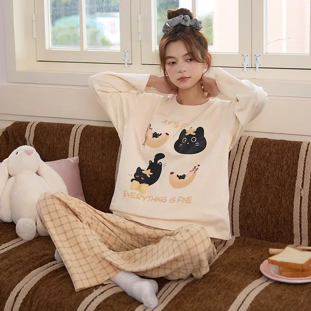 俏霓桐 春秋款甜美可爱卡通圆领简约格子休闲带胸垫长袖长裤家居服可外穿睡衣套装 女款