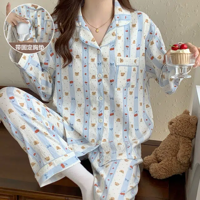 俏霓桐 甜美可爱小熊亲肤舒适自带胸垫长袖开衫休闲可外穿长裤睡衣套装 女款 图片色