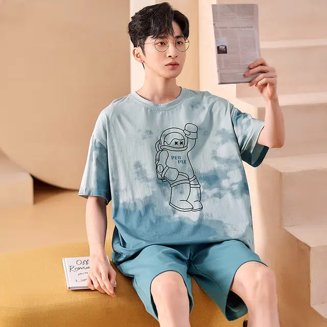 俏霓桐 夏季时尚简约休闲青春可爱卡通舒适家居服可外穿睡衣套装 男款 图色