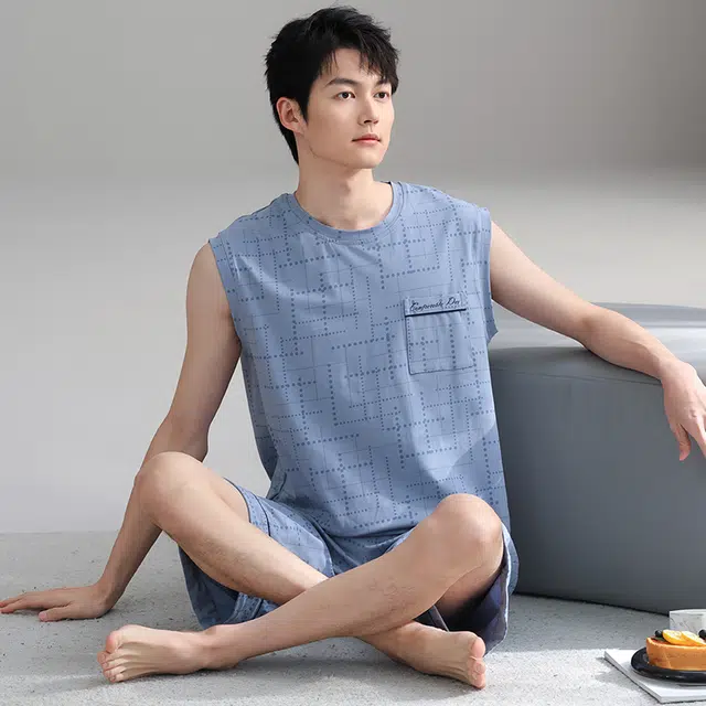 俏霓桐 夏季薄款时尚简约休闲百搭高级感棉亲肤透气无袖家居服可外穿睡衣套装 男款