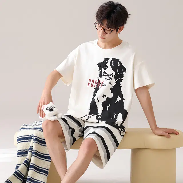 俏霓桐 时尚高级感简约可爱卡通条纹舒适家居服可外穿夏季睡衣套装 男款 图色