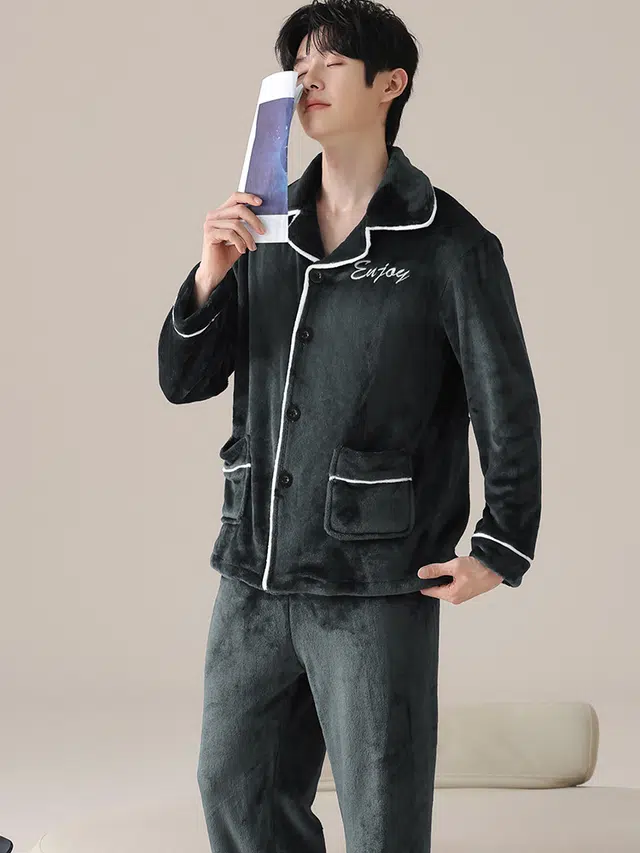 俏霓桐 时尚休闲轻奢高级感保暖蓄温法兰绒加绒加厚长袖长裤家居服可外穿睡衣套装 男款