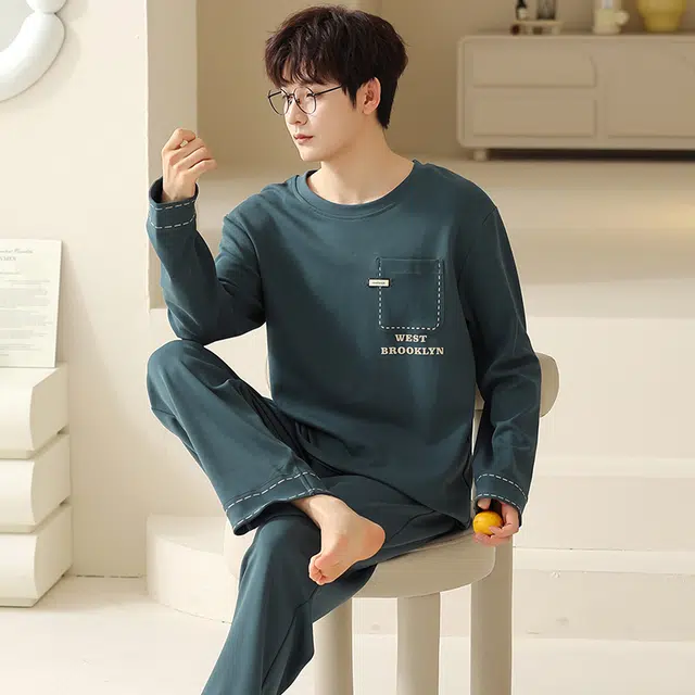 俏霓桐 春秋款简约字母纯棉亲肤轻便宽松休闲高级感长袖长裤家居服可外穿睡衣套装 男款