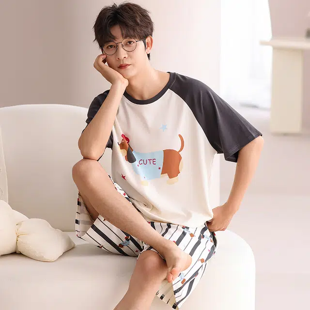 俏霓桐 可爱卡通小狗休闲简约条纹舒适家居服可外穿夏季睡衣套装 男款 图色
