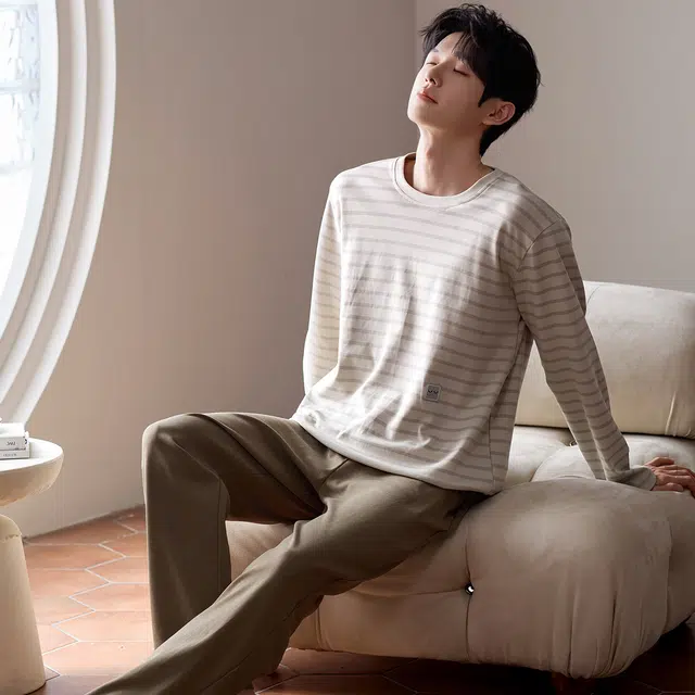 俏霓桐 简约条纹圆领纯棉亲肤舒适百搭休闲长袖长裤家居服可外穿睡衣套装 男款