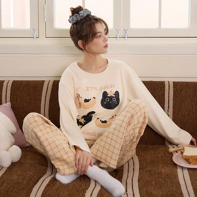俏霓桐 春秋款甜美可爱卡通圆领简约格子休闲带胸垫长袖长裤家居服可外穿睡衣套装 女款