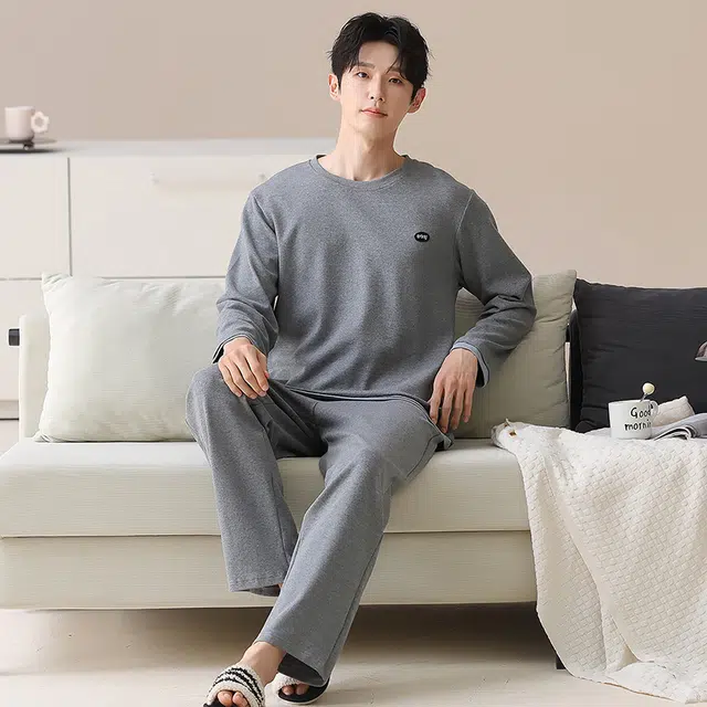 俏霓桐 时尚拼色纯棉亲肤圆领简约休闲舒适柔软长袖长裤家居服可外穿睡衣套装 男款