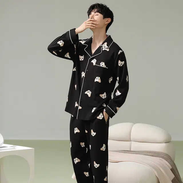 俏霓桐 时尚法斗狗可爱卡通舒适翻领休闲简约长袖长裤家居服可外穿睡衣套装 男款