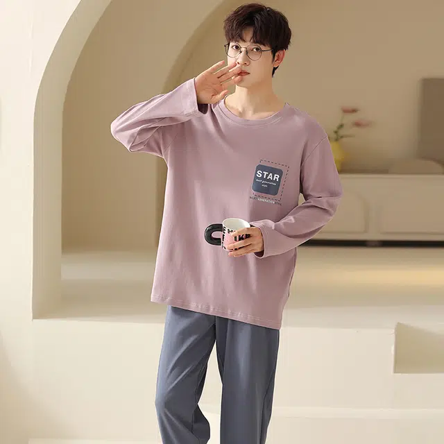 俏霓桐 春秋款简约字母纯棉亲肤运动休闲百搭舒适圆领长袖长裤家居服可外穿睡衣套装 男款