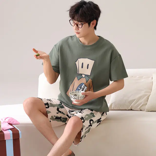 俏霓桐 时尚可爱卡通简约休闲舒适亲肤家居服可外穿夏季睡衣套装 男款 图色