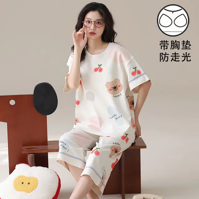 俏霓桐 甜美可爱卡通休闲舒适带胸垫七分裤家居服可外穿睡衣套装 女款 图色