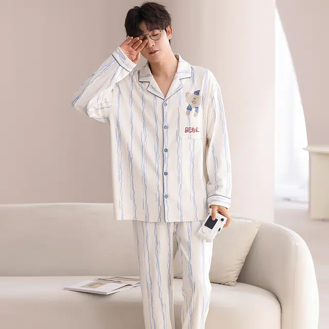 俏霓桐 时尚大方舒适亲肤翻领长袖长裤可外穿睡衣套装 男款 图色