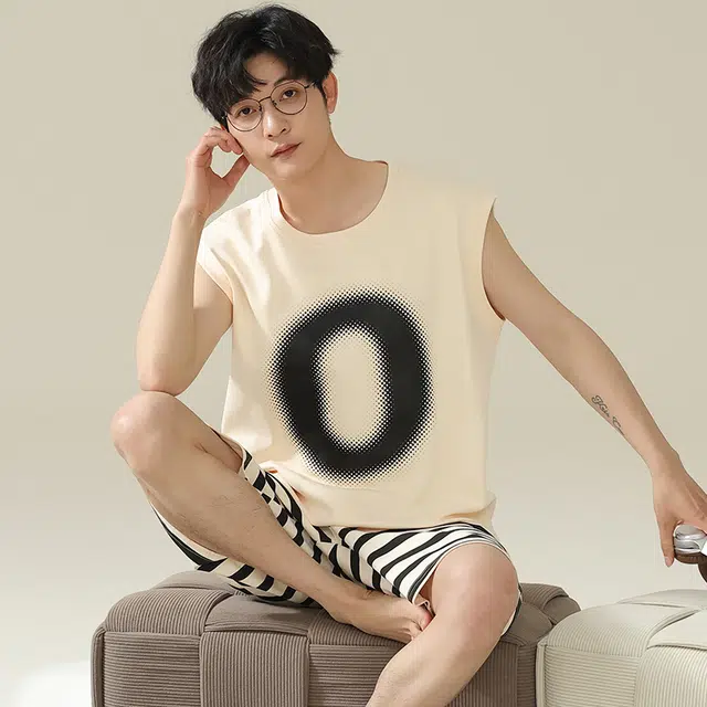 俏霓桐 简约舒适亲肤无袖背心家居服可外穿休闲五分裤睡衣套装 男款 杏色