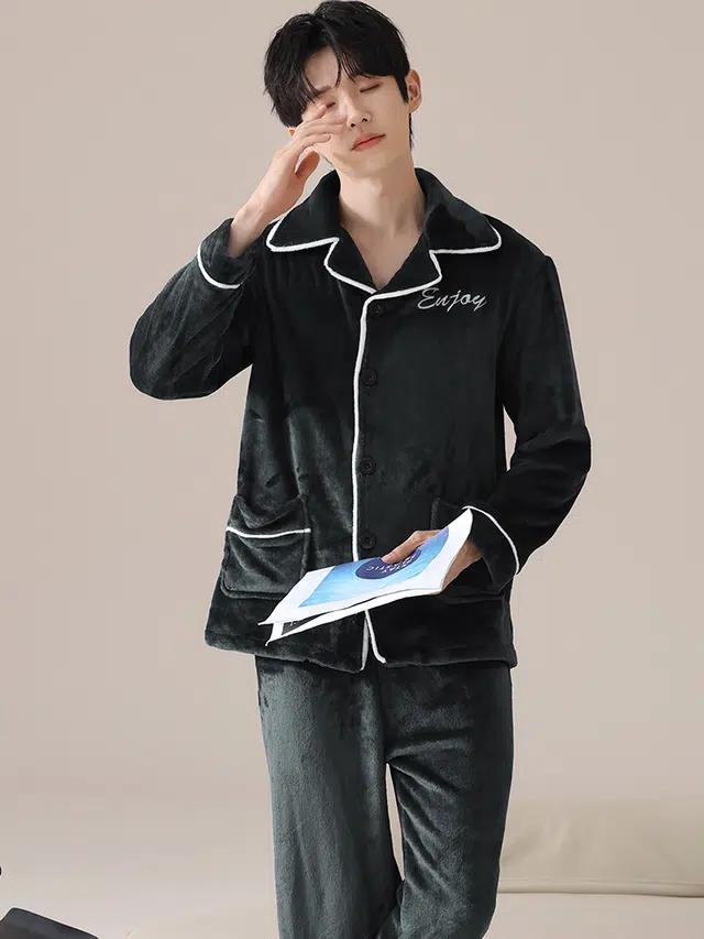 俏霓桐 时尚休闲轻奢高级感保暖蓄温法兰绒加绒加厚长袖长裤家居服可外穿睡衣套装 男款