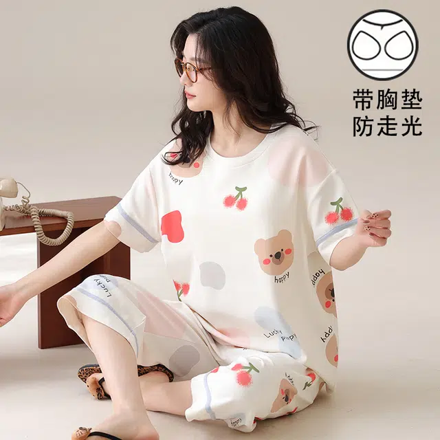 俏霓桐 甜美可爱卡通休闲舒适带胸垫七分裤家居服可外穿睡衣套装 女款 图色