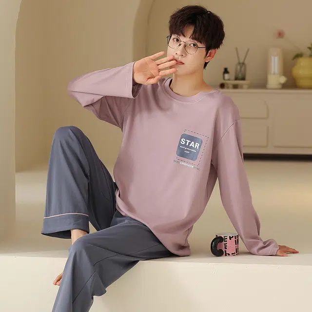俏霓桐 春秋款简约字母纯棉亲肤运动休闲百搭舒适圆领长袖长裤家居服可外穿睡衣套装 男款