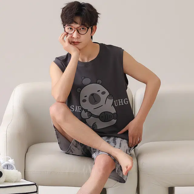 俏霓桐 简约可爱卡通时尚休闲舒适无袖家居服可外穿夏季睡衣套装 男款 图色
