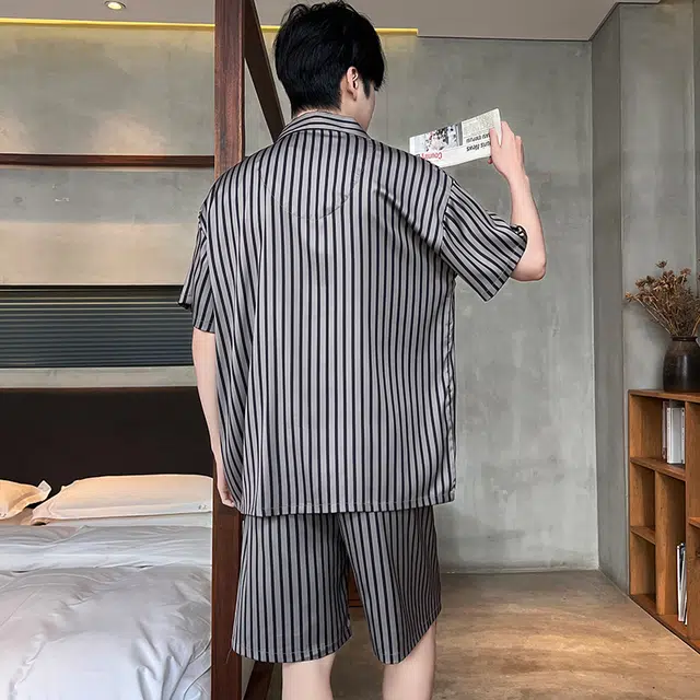 俏霓桐 时尚条纹简约高级感休闲舒适凉感家居服可外穿睡衣套装 男款 图色