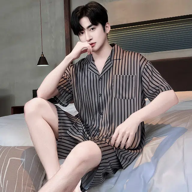 俏霓桐 时尚条纹简约高级感休闲舒适凉感家居服可外穿睡衣套装 男款 图色