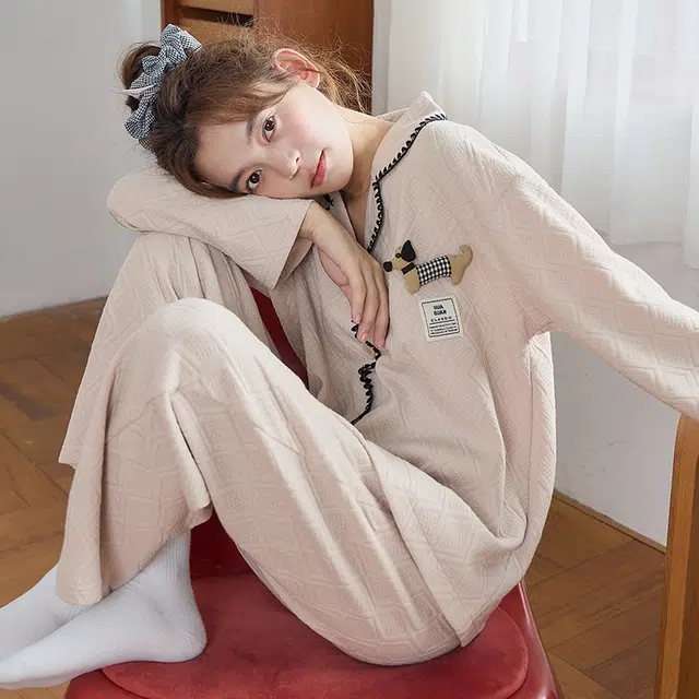 俏霓桐 可爱立体卡通甜美保暖蓄温空气棉夹层翻领长袖长裤家居服可外穿睡衣套装 女款