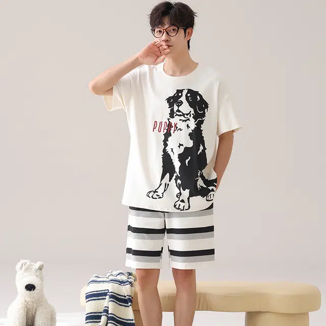 俏霓桐 时尚高级感简约可爱卡通条纹舒适家居服可外穿夏季睡衣套装 男款 图色