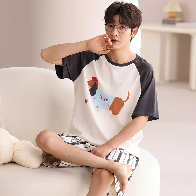 俏霓桐 可爱卡通小狗休闲简约条纹舒适家居服可外穿夏季睡衣套装 男款 图色