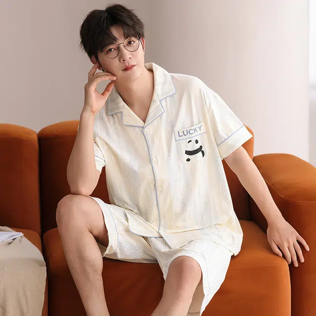 俏霓桐 简约休闲可爱卡通熊猫舒适亲肤家居服可外穿夏季睡衣套装 男款 图色