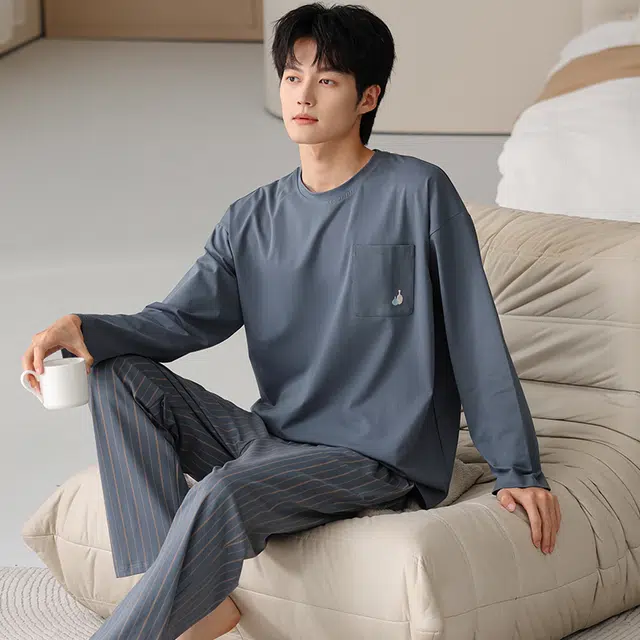 俏霓桐 春秋款简约条纹纯棉亲肤舒适休闲百搭宽松圆领长袖长裤家居服可外穿睡衣套装 男款