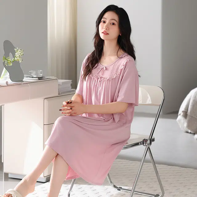 俏霓桐 薄款优雅甜美花边可爱蝴蝶结简约休闲带胸垫家居服可外穿短袖夏季睡裙 女款