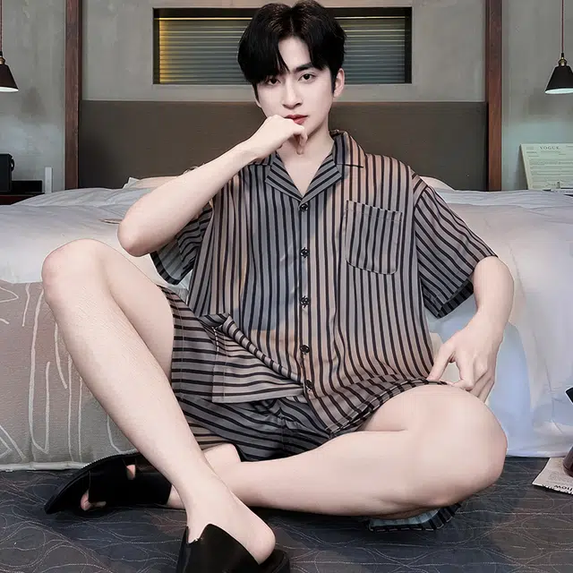 俏霓桐 时尚条纹简约高级感休闲舒适凉感家居服可外穿睡衣套装 男款 图色
