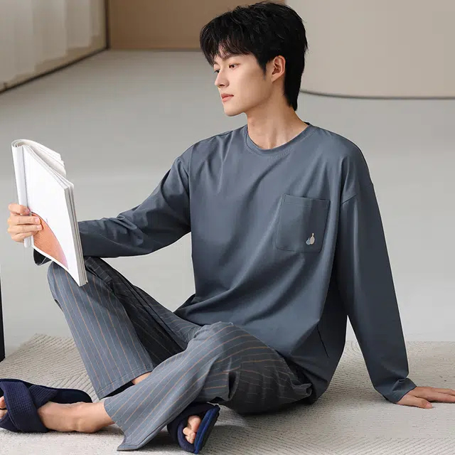 俏霓桐 春秋款简约条纹纯棉亲肤舒适休闲百搭宽松圆领长袖长裤家居服可外穿睡衣套装 男款