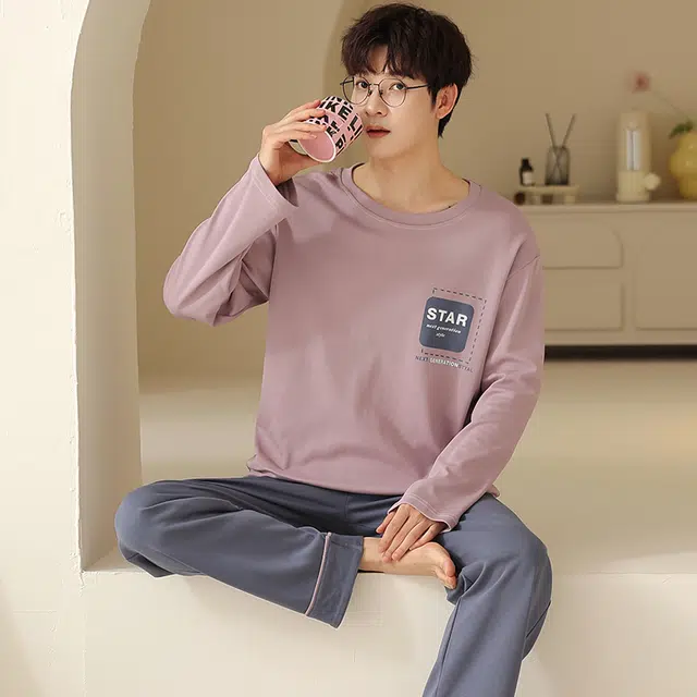 俏霓桐 春秋款简约字母纯棉亲肤运动休闲百搭舒适圆领长袖长裤家居服可外穿睡衣套装 男款