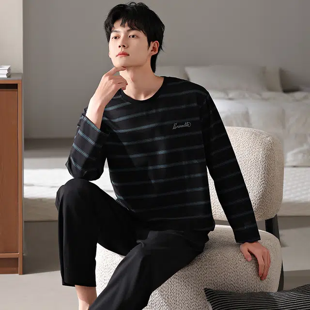 俏霓桐 春秋款简约时尚条纹纯棉亲肤运动休闲百搭舒适圆领长袖长裤家居服可外穿睡衣套装 男款