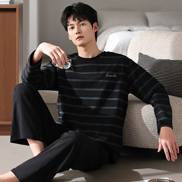 俏霓桐 春秋款简约时尚条纹纯棉亲肤运动休闲百搭舒适圆领长袖长裤家居服可外穿睡衣套装 男款