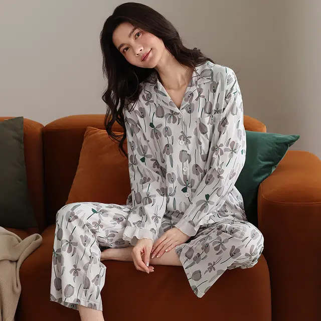 俏霓桐 春秋款复古精致花朵清新优雅甜美舒适纯棉亲肤长袖长裤家居服可外穿睡衣套装 女款