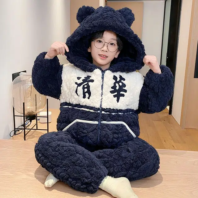 俏霓桐 保暖蓄温三层夹棉连帽长袖长裤青少年睡衣套装 男款 图片色