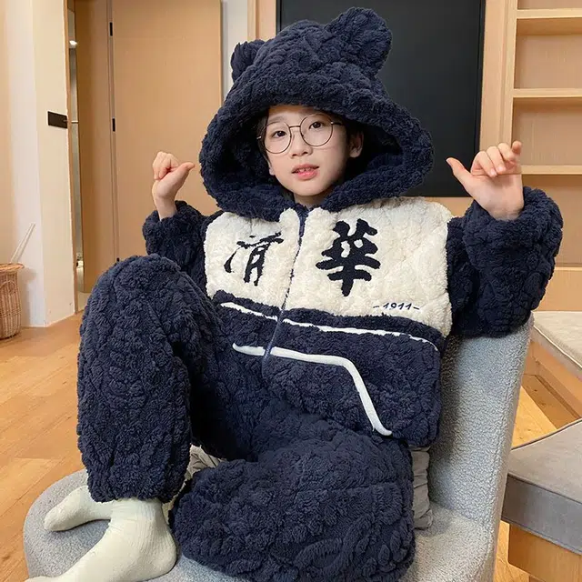 俏霓桐 保暖蓄温三层夹棉连帽长袖长裤青少年睡衣套装 男款 图片色