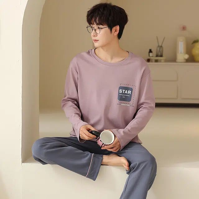 俏霓桐 春秋款简约字母纯棉亲肤运动休闲百搭舒适圆领长袖长裤家居服可外穿睡衣套装 男款