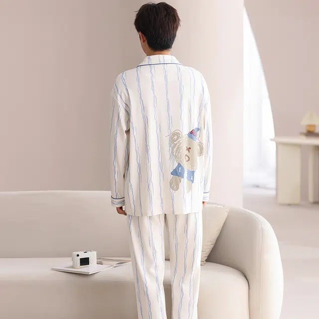 俏霓桐 时尚大方舒适亲肤翻领长袖长裤可外穿睡衣套装 男款 图色