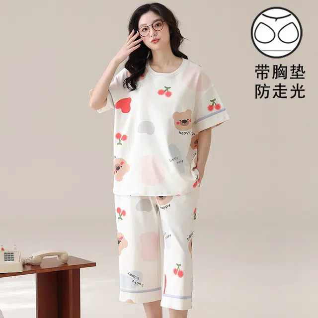 俏霓桐 甜美可爱卡通休闲舒适带胸垫七分裤家居服可外穿睡衣套装 女款 图色