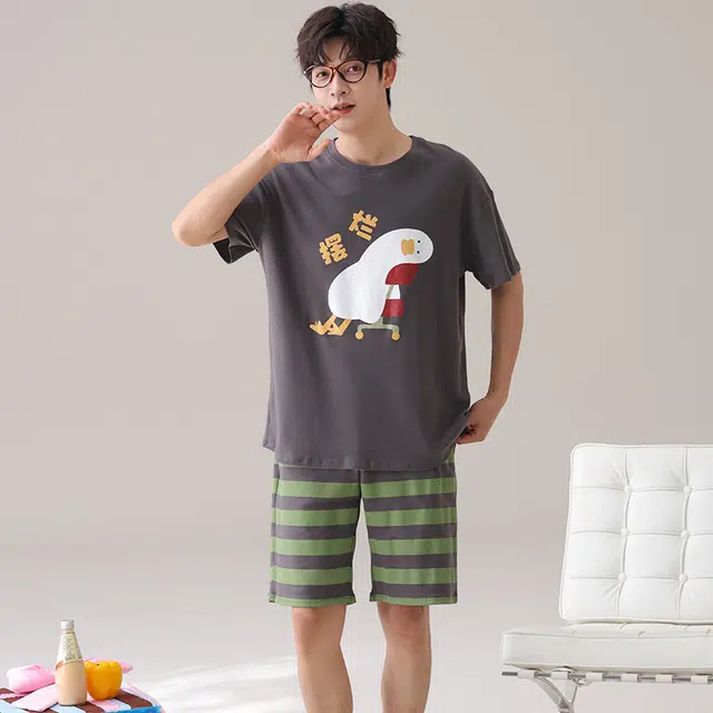 俏霓桐 时尚可爱卡通休闲简约条纹舒适家居服可外穿夏季睡衣套装 男款 图色