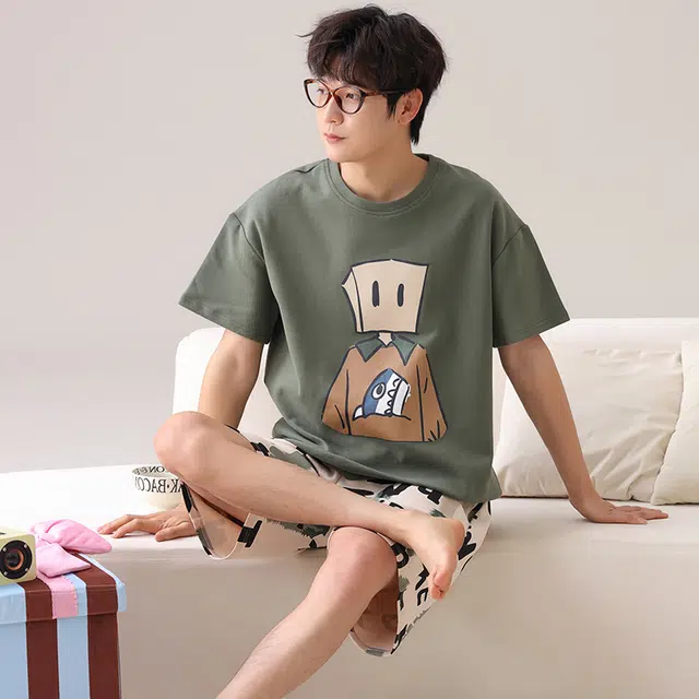 俏霓桐 时尚可爱卡通简约休闲舒适亲肤家居服可外穿夏季睡衣套装 男款 图色